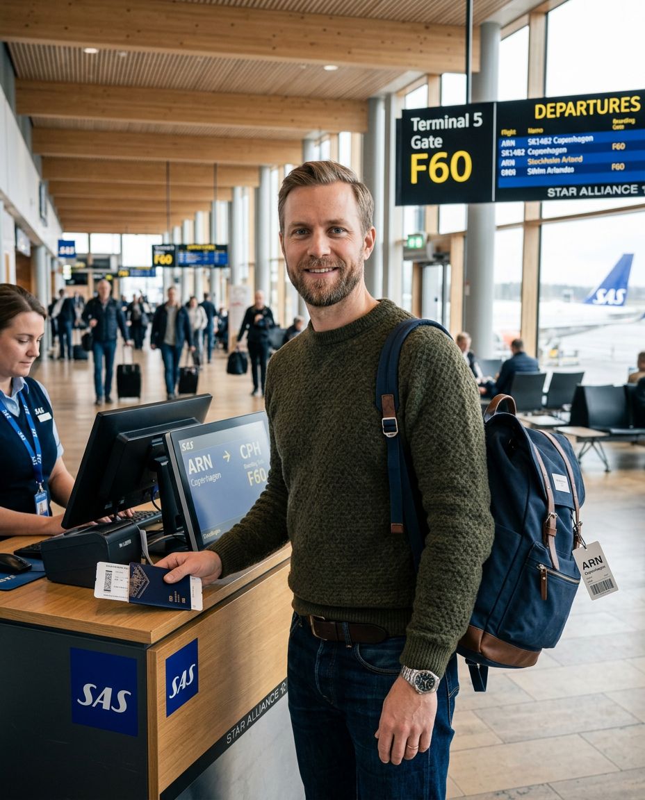 man checkar in vid gaten på Arlanda