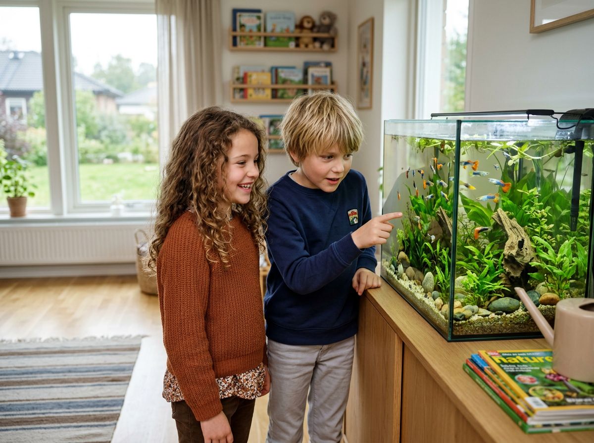 två barn med akvarium och guppies