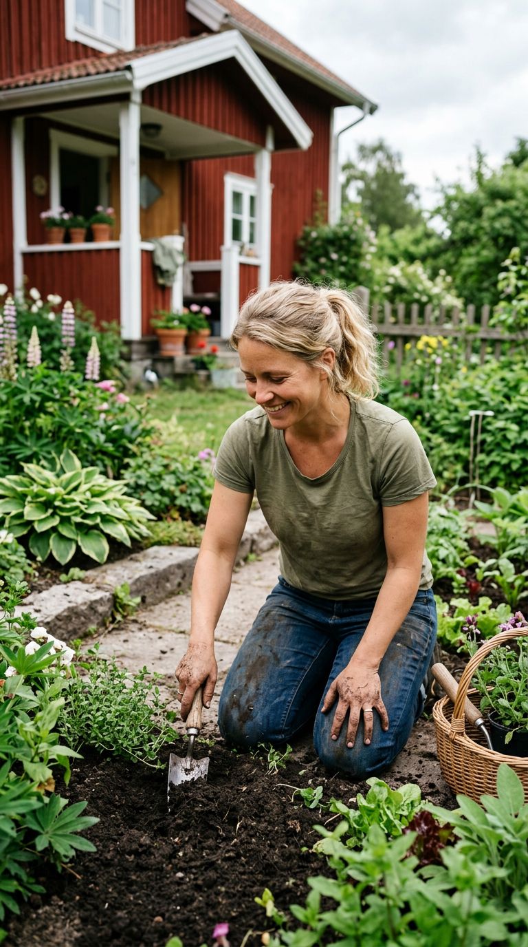 Kvinna gräver i trädgård