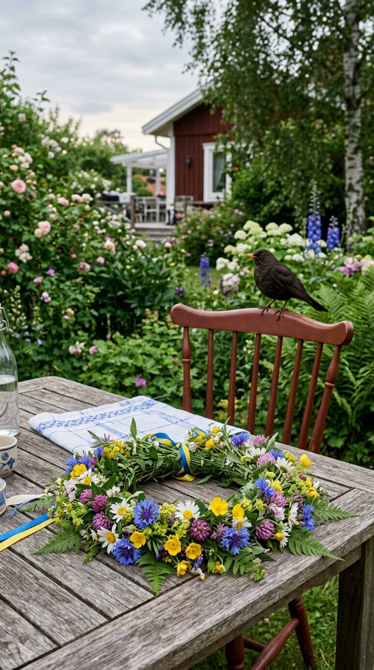 midsommarkrans i villaträdgård med skata på stol